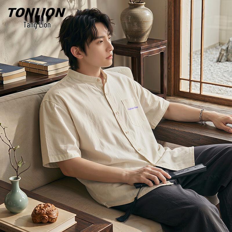 TonLion Men s New Chinese Style Henley Short Sleeve Shirt 3XL