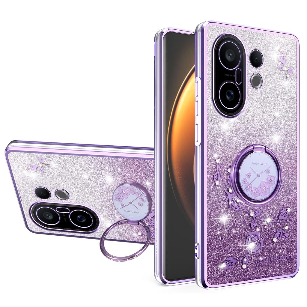 KADEM For vivo S30 Pro mini 5G Case Ring Kickstand TPU Flowers Phone Cover Gradient Glitter