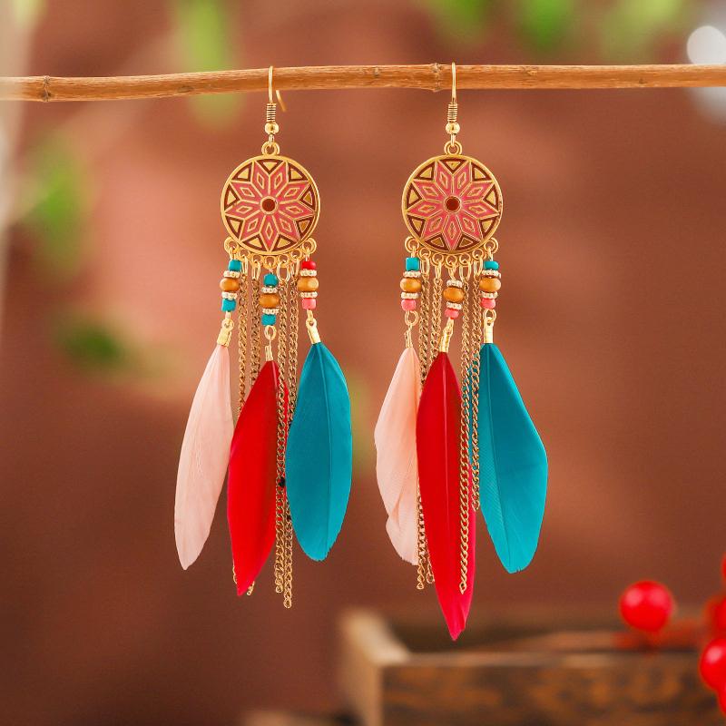 Bohemian Long Sun Flower Feather Earrings for Women Trendy Ethnic Retro Gold Color Chain Tassel Earring Wedding Vacation Jewelry