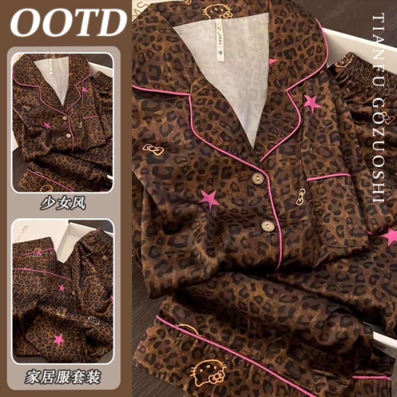 

Kitty leopard print stars high-quality imitation cotton printed pajamas women s autumn new loungewear set in stock M