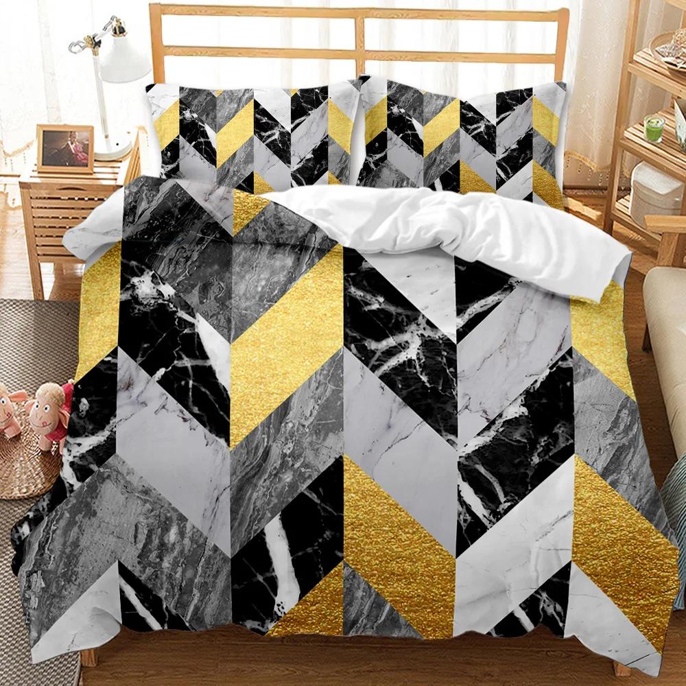 Marmor Dynetrekksett Svart Hvit Gull Abstrakt Marmortekstur Trykt Svart Hvit Dobbel Queen King Size Polyester Sengetøysett