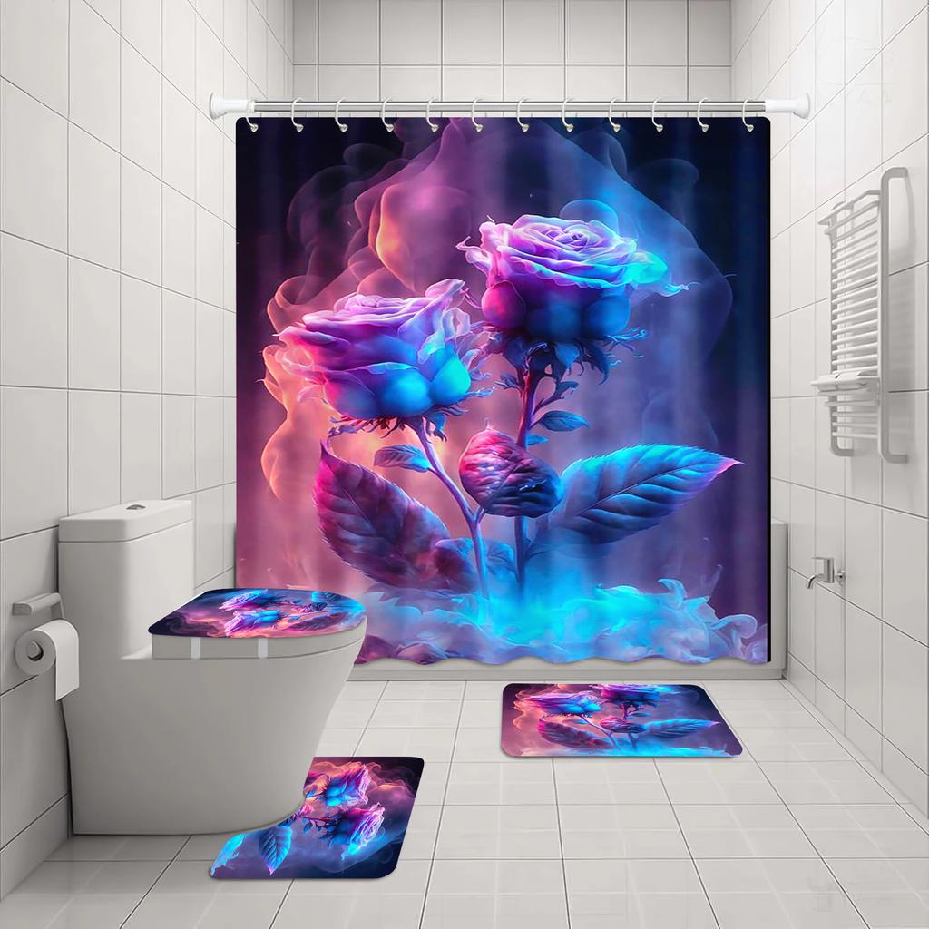 Rose Shower Curtain Love Couple Bath 4 Pcs Set Cute Cartoon Luxury Accessories Sets Full Mats Gifts for Boys Girls
