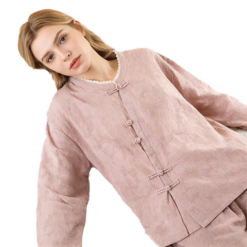 Pajamas women's Class A pure cotton autumn new solid color, button retro jacquard long-sleeved trousers loungewear set