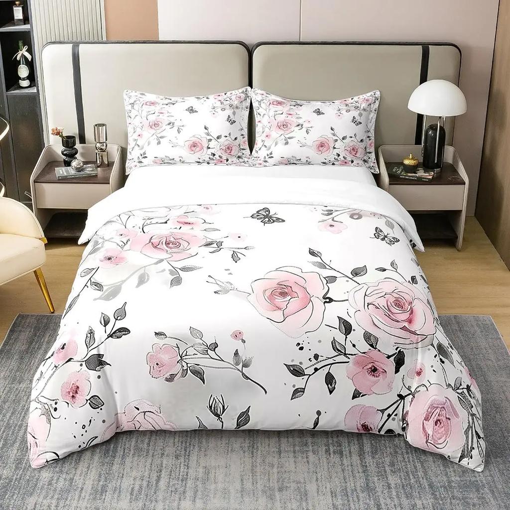 Bettdecke Tuschemalerei Stil Queen King Size Modern Schlicht Aquarell Pflanze Blatt Bettwäsche Set Kinder Erwachsene Damen 3-teiliges Set