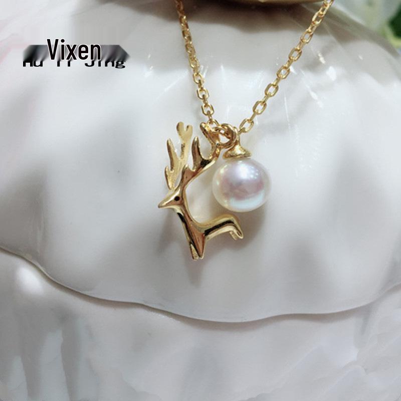 Korean Simple Style 18k Gold-Plated Silver Deer Necklace with Pearl, Women's Clavicle Chain, Christmas Gift