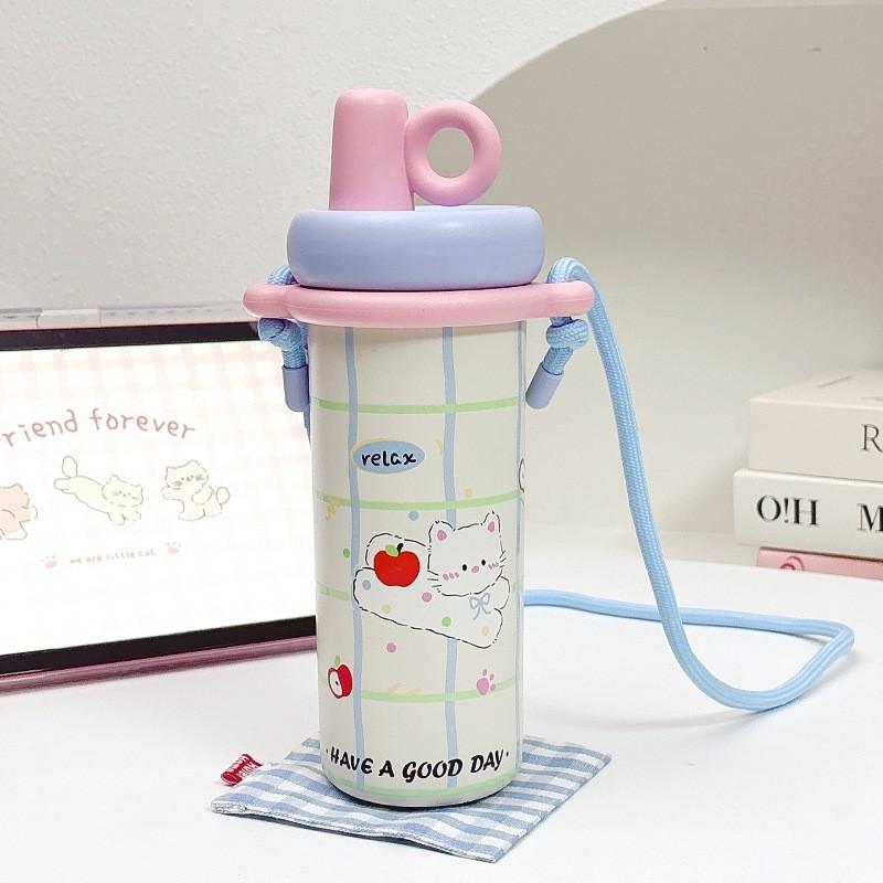Cute Cat 600ml Insulated Water Bottle With Double Drinking Straws For Kids And Teens