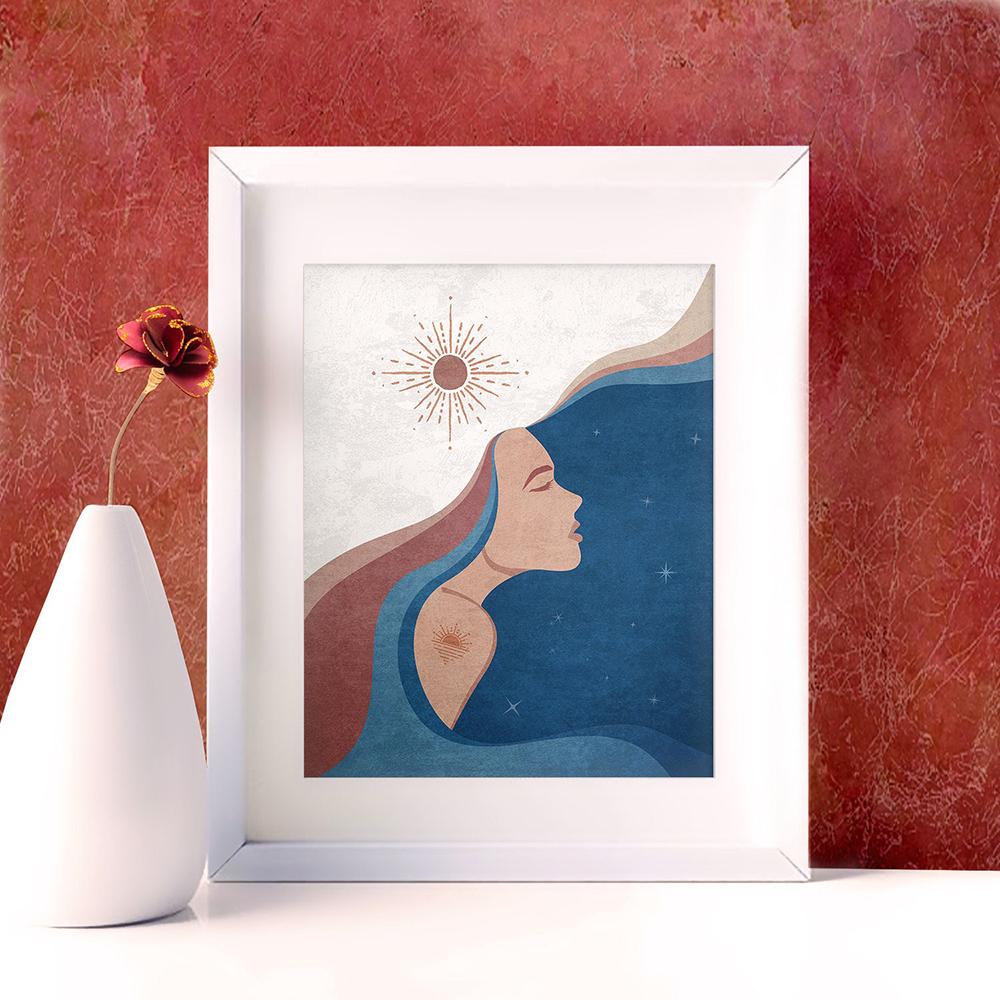 Blue Soulmate Couple Canvas Painting Boho Beautiful Women Wall Art Pictures Sun Moon Poster Abstract Minimalist Print Home Decor