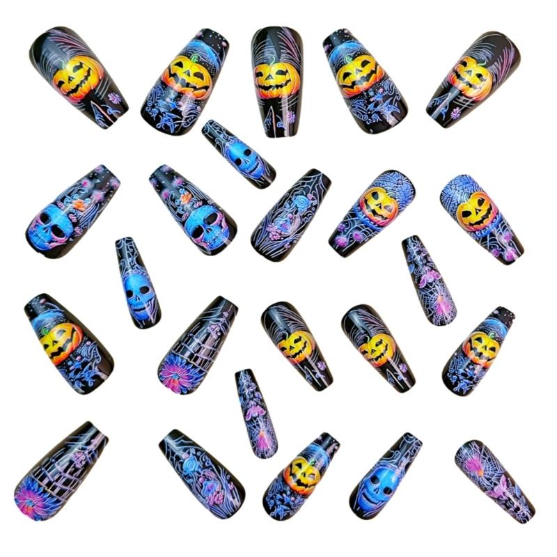 24 Pieces Halloween Nail Art Set Gothic Pumpkin Skeleton Detachable Artificial Nail ABS Material for Parties