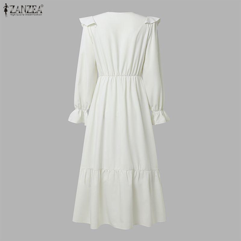 ZANZEA Women Casual V-Neck Solid Color Loose Long Sleeve Dress