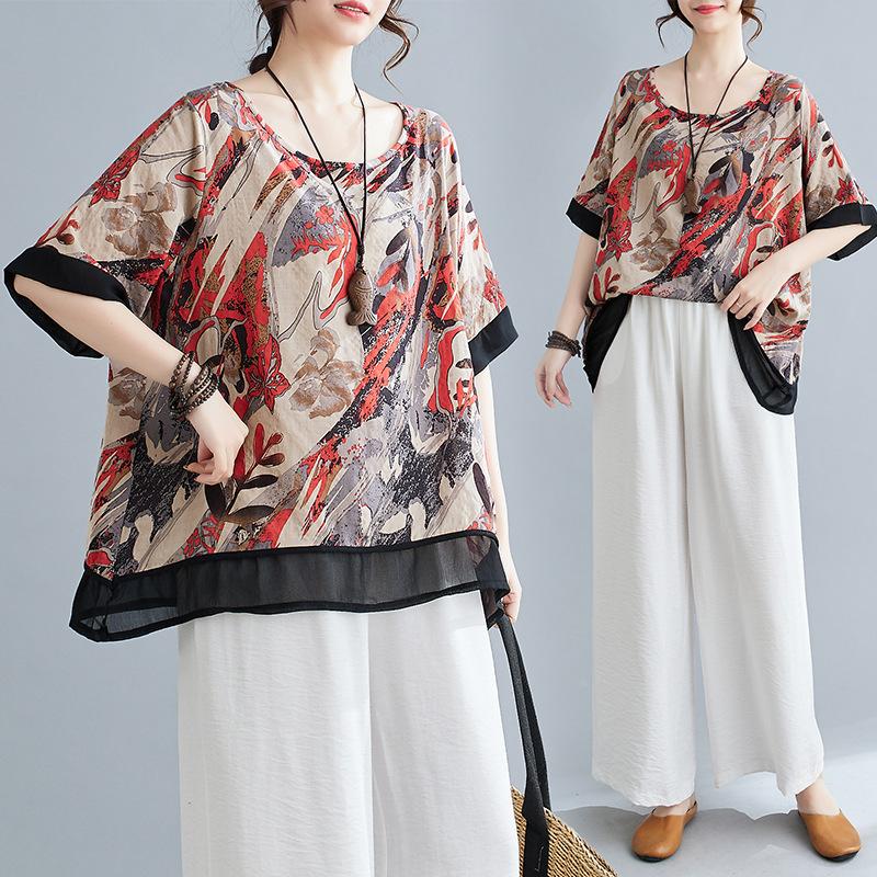 Bumbac și In Mărimi Mari Femei Vară Stil Nou Imprimeu Literar Larg Acoperire Carne Casual Versatil Gât Rotund Mânecă Scurtă Tricou Top