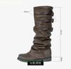 Fashion Women's Belt Buckle Pleated Loose Boots Black Thick Heel Retro Long Trousers Boots 2025 Winter Fashion Flats Knee-High Boots