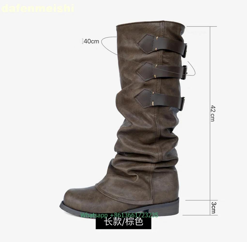 Fashion Women's Belt Buckle Pleated Loose Boots Black Thick Heel Retro Long Trousers Boots 2025 Winter Fashion Flats Knee-High Boots