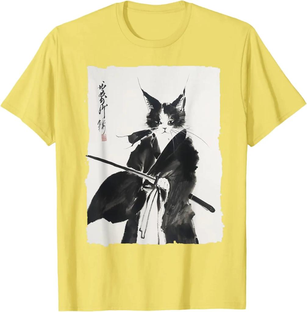 2025 Men's Summer Samurai Cat Art Pattern Harajuku T-shirt Y2k Comfortable and Loose Top
