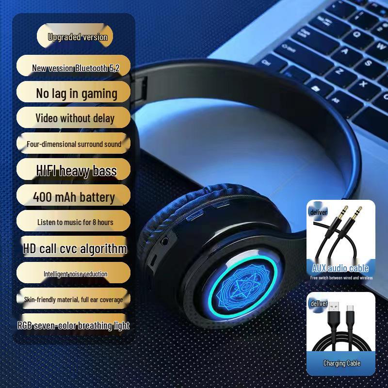 2025 Luminous Bluetooth Over-Ear Headphones with Heavy Bass and Large Earcups for Boys
