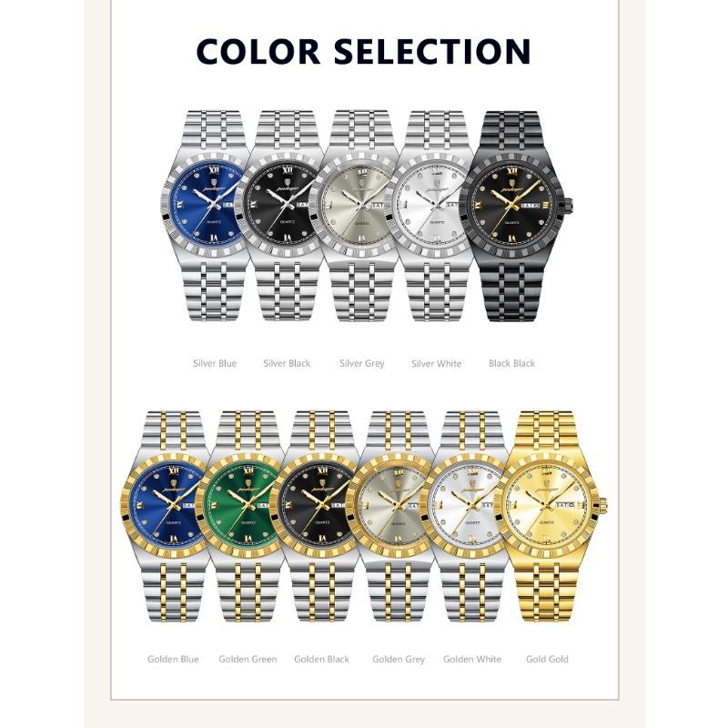 POEDAGAR Luxury Business Male Watch Waterproof Luminous Week Date Wristwatch Stainless Steel Trendy Quartz Watches for Men