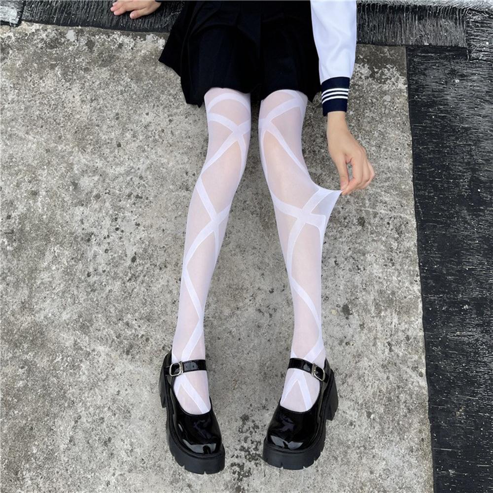 

Crisscross Straps Women Stockings Black White Plaid Pantyhose Gothic Jk Girls Club Stockings Tights Cross-Straps Leggings One Size