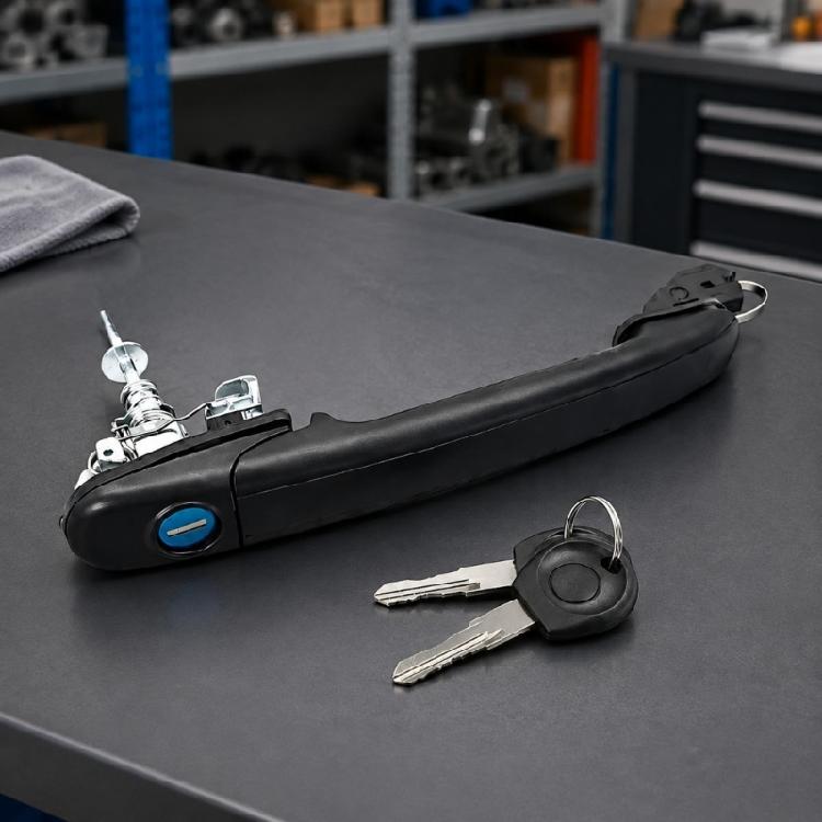 Black Exterior Vehicle Door Handle Assembly with Bolt-On Installation, Engineering-Plastic Construction and Integrated Lock Component 6N0837207