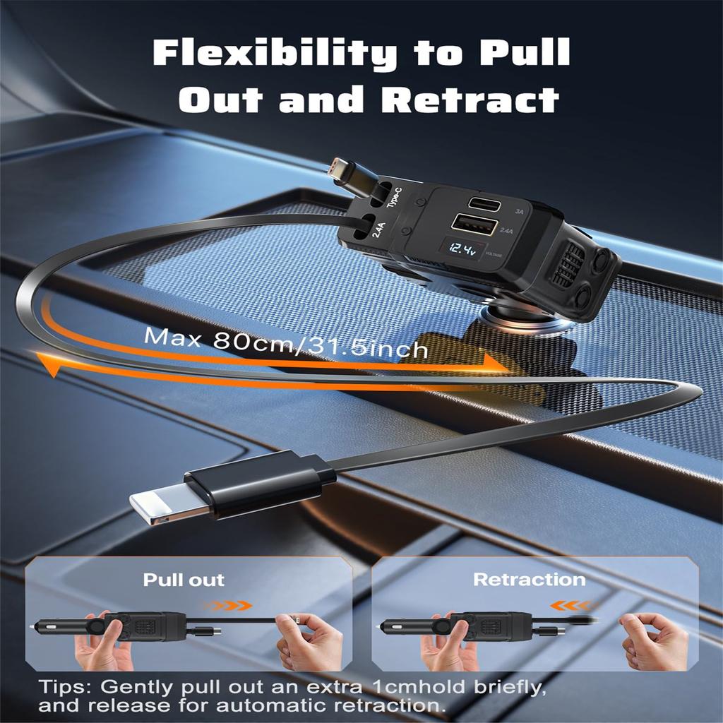 Retractable Car Charger With Retractable Cables, 4 In 1 Super Fast Car Phone Charger, 2 USB Ports Car Charger Adapter