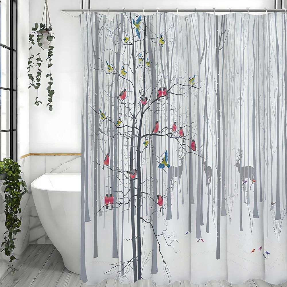 

Red Bird Tree Design Shower Curtain, Rustic Forest, Red Bird, Birds, Abstract, Trunk, Branches, Fall, Winter, Aspen, Nature, Lan W60H190(CM)-1 Pcs