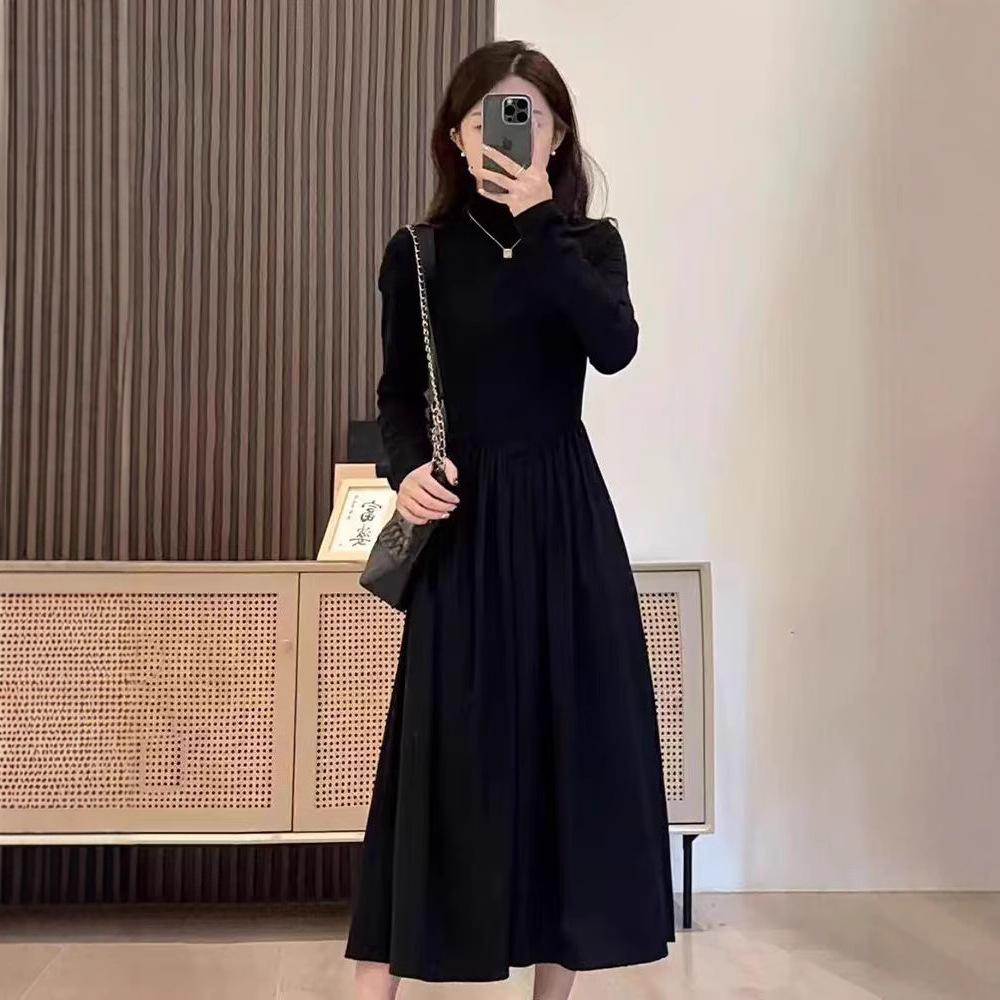 Hepburn style black knitted dress women s new early autumn semi-turtleneck bottomed inner long dress S чёрный