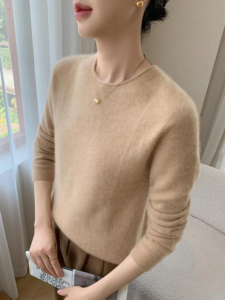 Women's Solid Color Cashmere Sweater - Rolled Hem, Round Neck, Long Sleeve, Loose Fit.