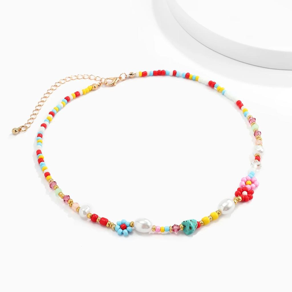 Baroque Hand-woven Simulated Pearls Cute Flowers Colorful Beaded Short Clavicle Chain Choker Necklace for Women Girls