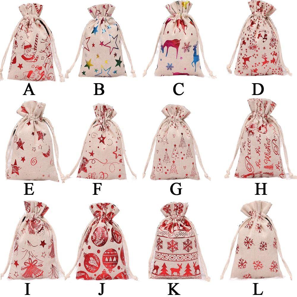 10Pcs Linen Christmas Candy Cotton Bag Hot Gold Santa Claus Christmas Bronzing Gift Bag Printing Drawstring Christmas Gift Bag