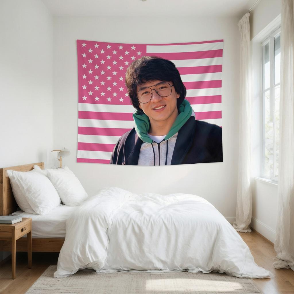 Retro-Wandteppich mit Kampfsportstern, rosa US-Flagge, flacher Druck, ästhetischer Wandbehang für Teenager-Schlafzimmerdekoration