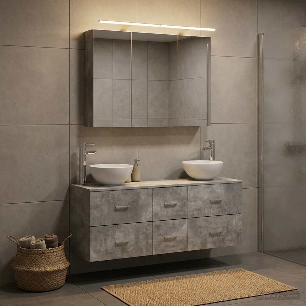 Bathroom Furniture Set 4 Pcs Concrete Grey Engineered Wood and Glass