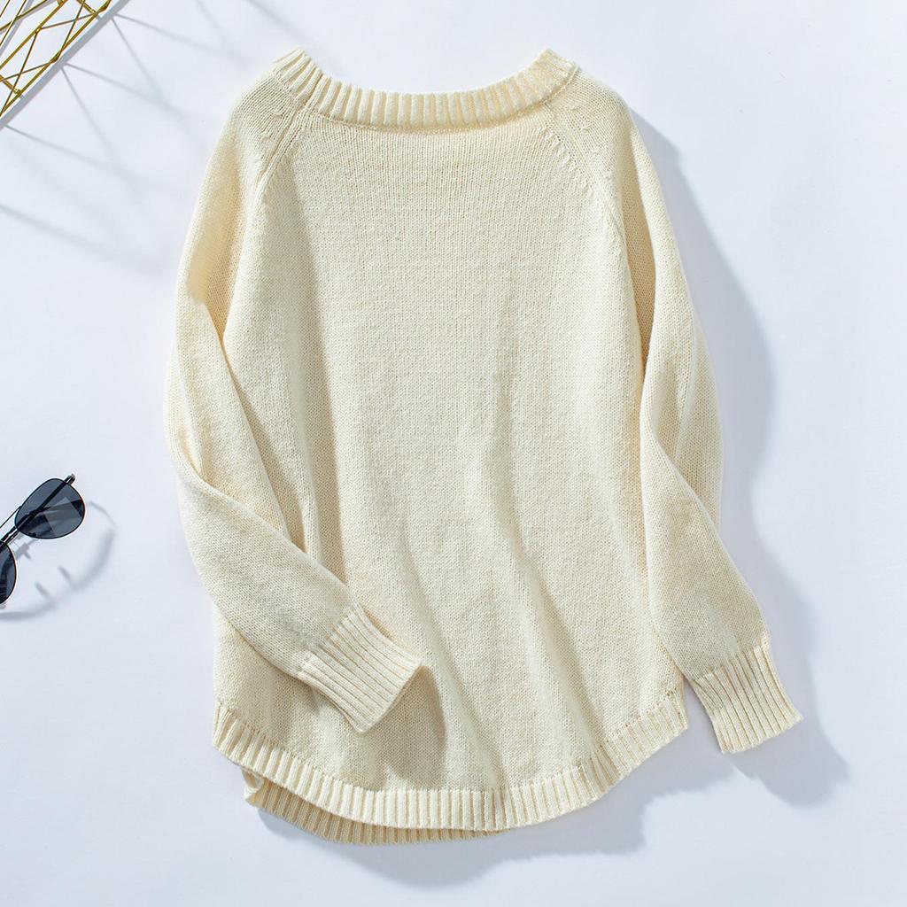 Autumn Winter Vintage Loose Long Sleeve Top Solid Color Cardigan Knitwear O-Neck Sweater