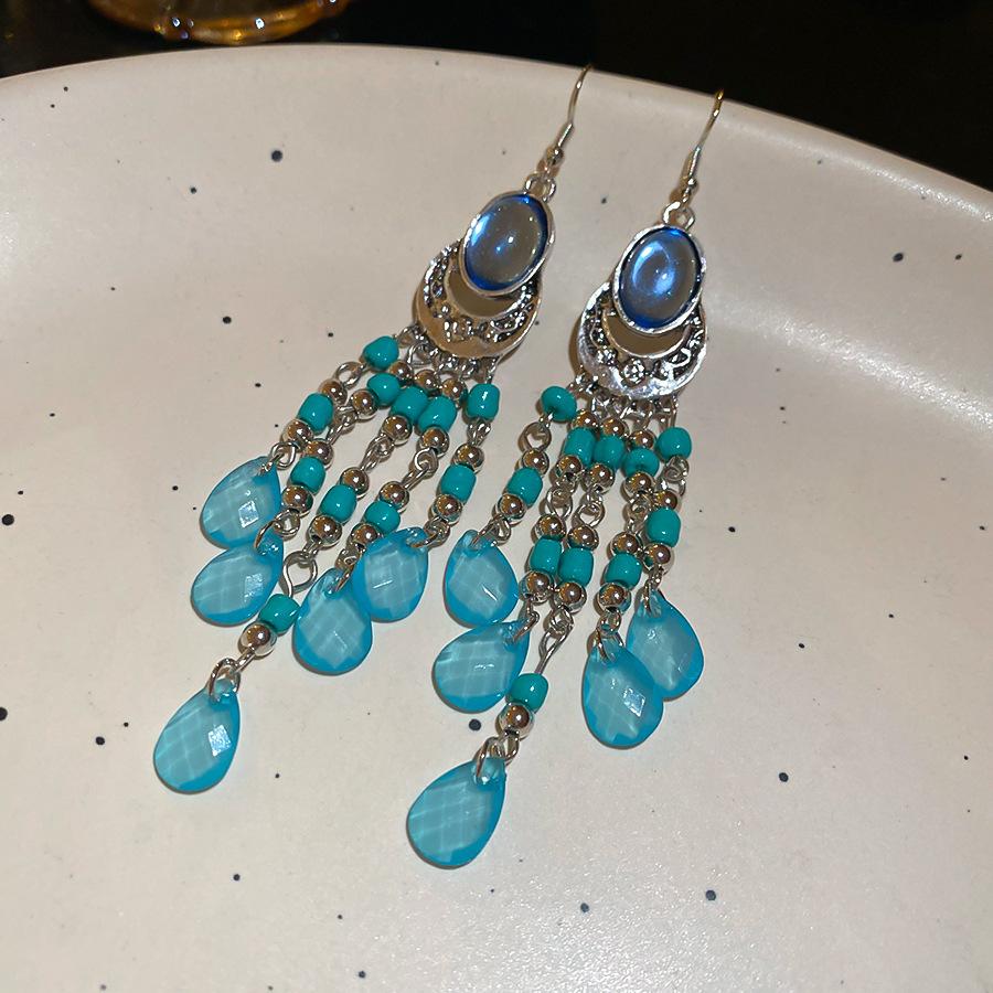 Bohemian ethnic style crystal fringed earrings stud earrings personalized design sense niche earrings women