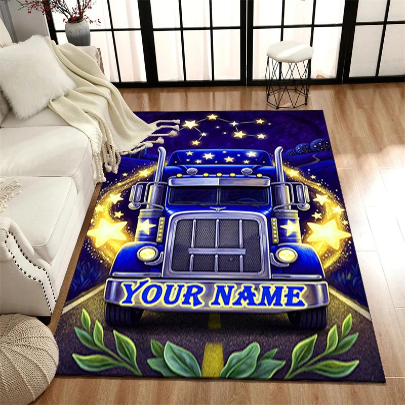 1PC Custom Name Nighttime Truck Journey Theme Floor Mat Ideal for Living Room, Game Rooms, Office, Bedroom,Floor Mat Playful Design