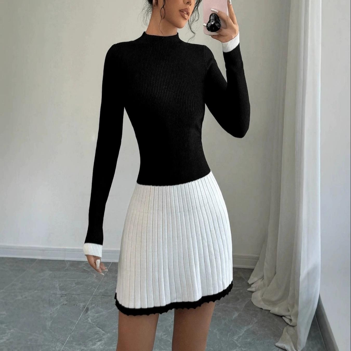 

2025 Черно-белое лоскутное платье-свитер с круглым вырезом, стройнящее Small чёрный