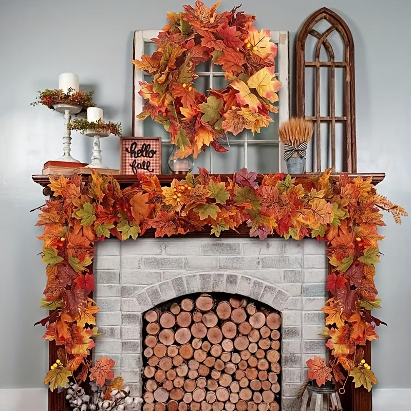 1PC Extra Long 78.74 Faux Maple Leaf Wreath - Realistic Fall Shades Red, Orange & Yellow Green | Heavy Duty Plastic Branches Vines