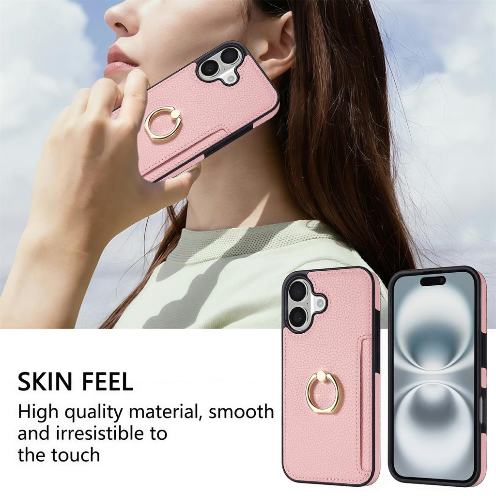 For iPhone 17 Case Ring Kickstand PU + TPU Card Holder Phone Cover