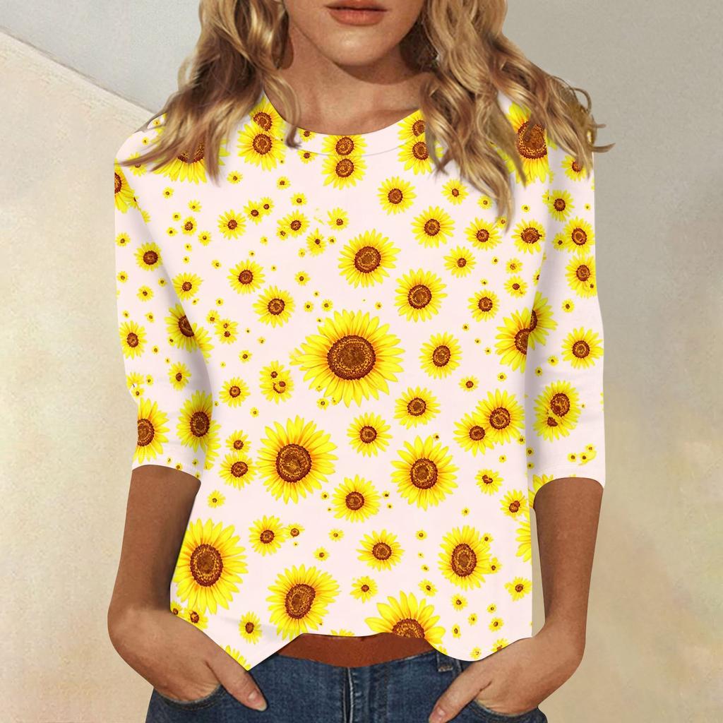 Dames Casual Top met Bloemendruk Ronde Hals Driekwartmouw Blouse Lichtgewicht Comfortabele Stof Geschikt voor Dagelijks Gebruik