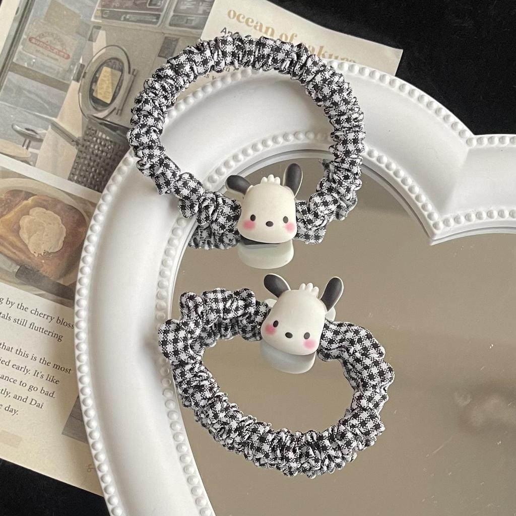 Dumb and Cute Pacha Dog Black & White Plaid Hair Tie - Simple Japanese & Korean Style Student Hair Rope