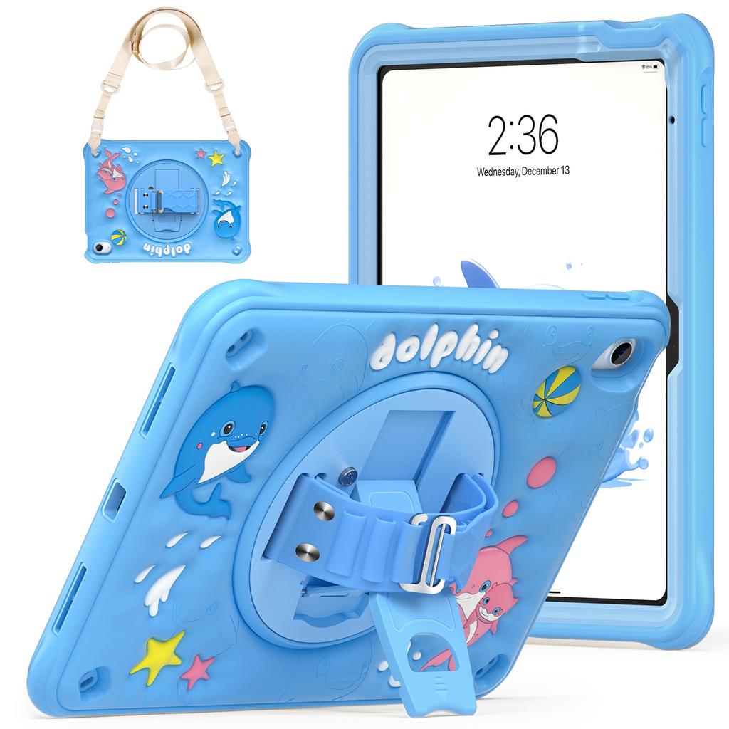 For iPad (2025)/10.9 (2022) Case with Shoulder Strap Kickstand PC+Silicone+TPU Cute Dolphin Cover