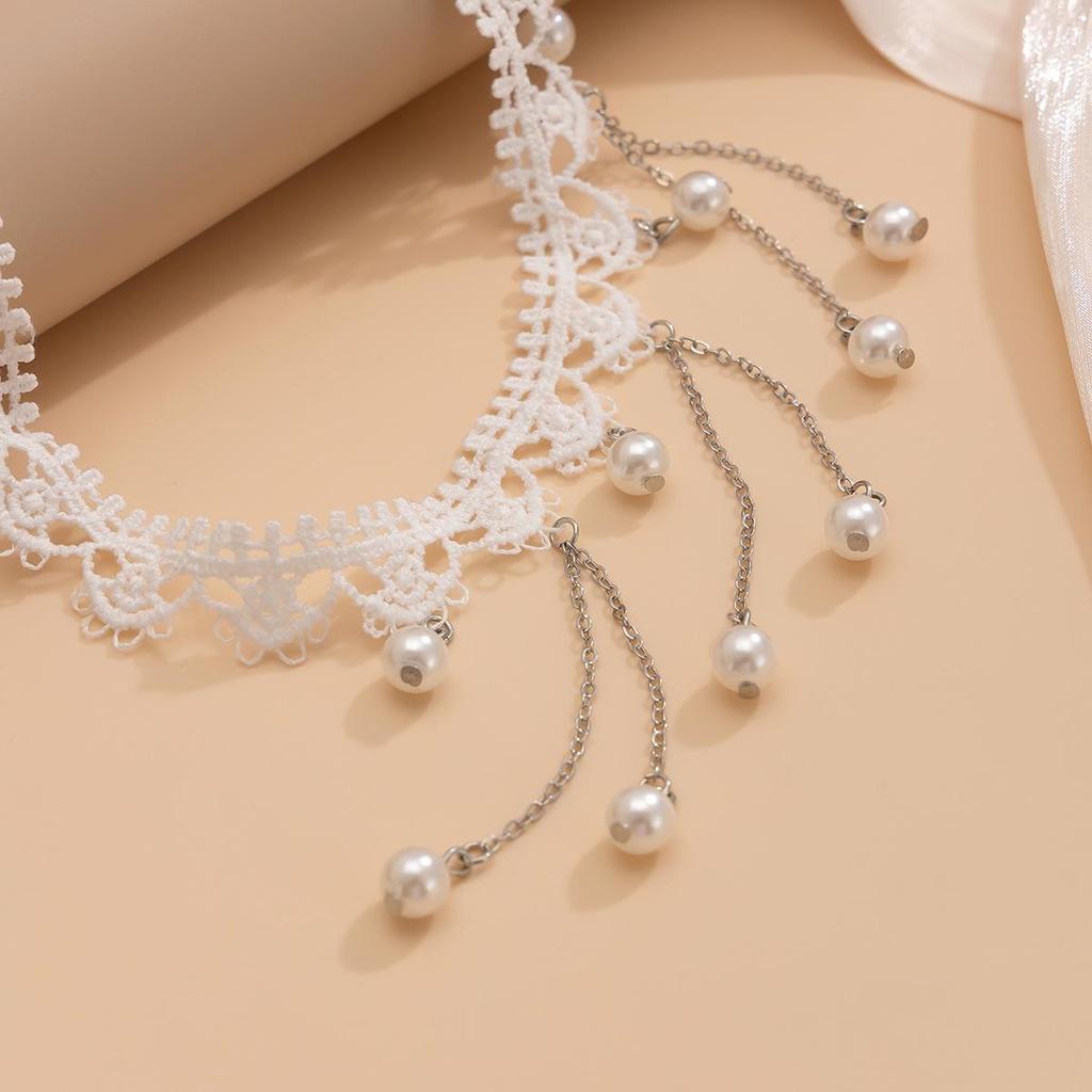 European and American Gemstone Pendant Necklace with Imitation Pearl Tassel - Elegant Fashion Style