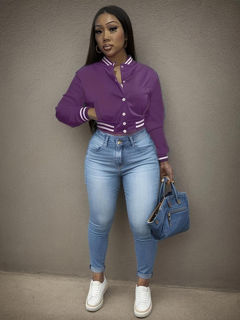 Women's Solid Color Single-Breasted Baseball Jacket