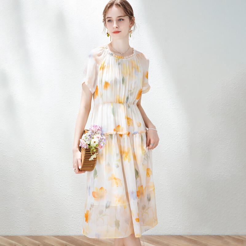 TUHUANG Mulberry Silk Floral Lace Short Sleeve Dress XL