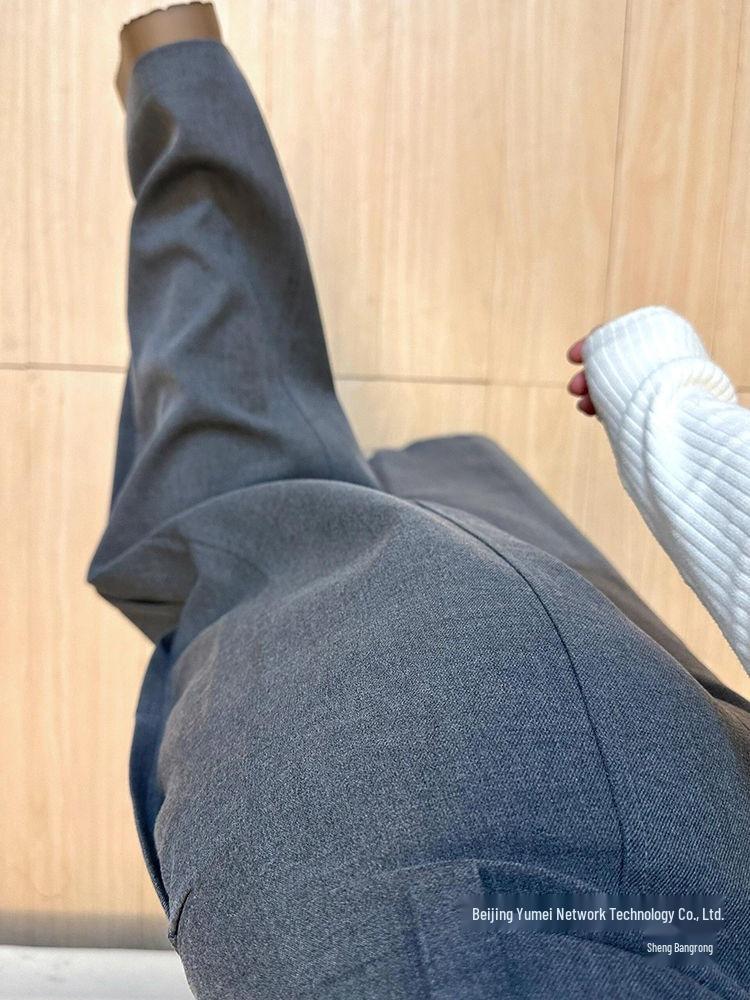 Plus Size Retro Grey High-Waist Pleated Suit Pants, Women's Autumn Wide-Leg Floor-Length.