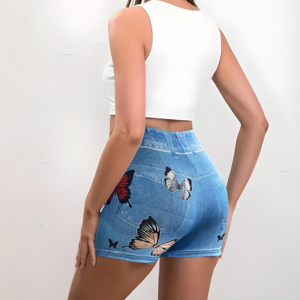 Pantaloni scurți de fitness de vară în stil european și american, tip denim fals, pentru femei, cu efect de ridicare a șoldurilor, colanți cu croială slim, cu imprimeu fluturi, pantaloni scurți