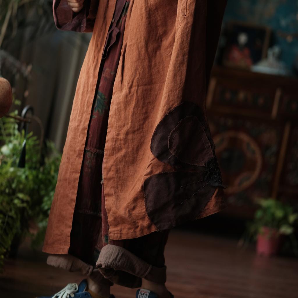 Johnature Kobiety Vintage Patchwork Kwiatowy Trencz Jednolity Kolor Lniane Płaszcze Jesień Długi Rękaw Styl Chiński Długi Trencz