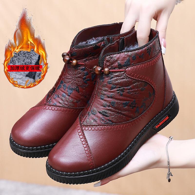 Women's Embroidered Floral Winter Boots, Non-Slip Soft Sole Warm Faux Fur Lined Ankle Boots, Comfortable Cotton-Padded Shoes for Women