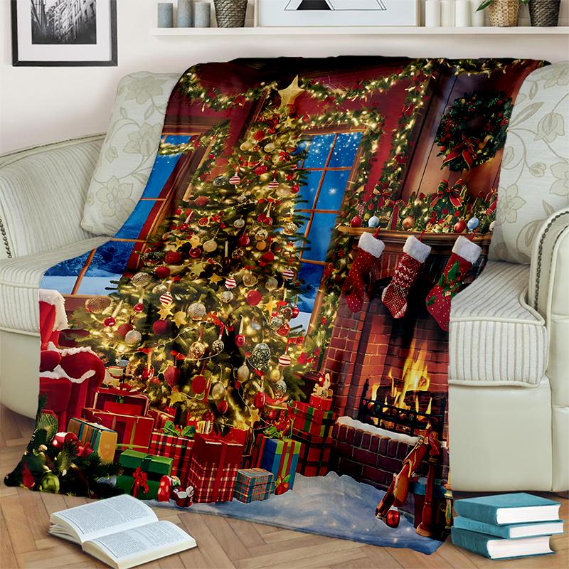 Cartoon Merry Christmas Santa Claus Christmas Tree Festival Gift Blanket,Soft Throw Blanket for Home Bedroom Bed Sofa Cover Kid