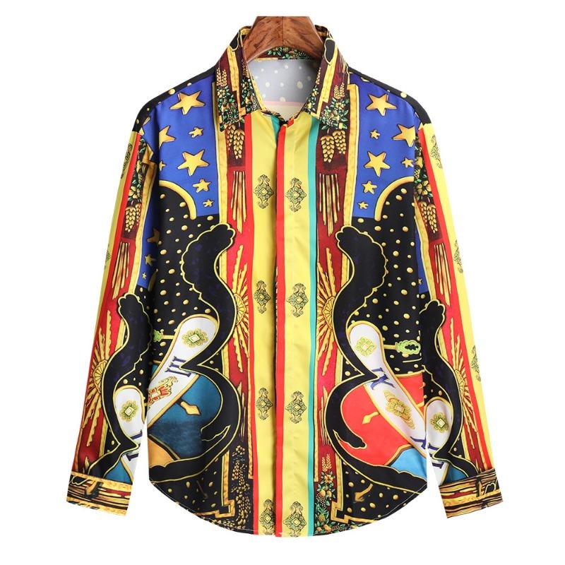 Camicia da Uomo di Lusso Retro con Motivo Sole e Stelle, Collo a Revers, Bottoni, Maniche Lunghe, Moda Serale