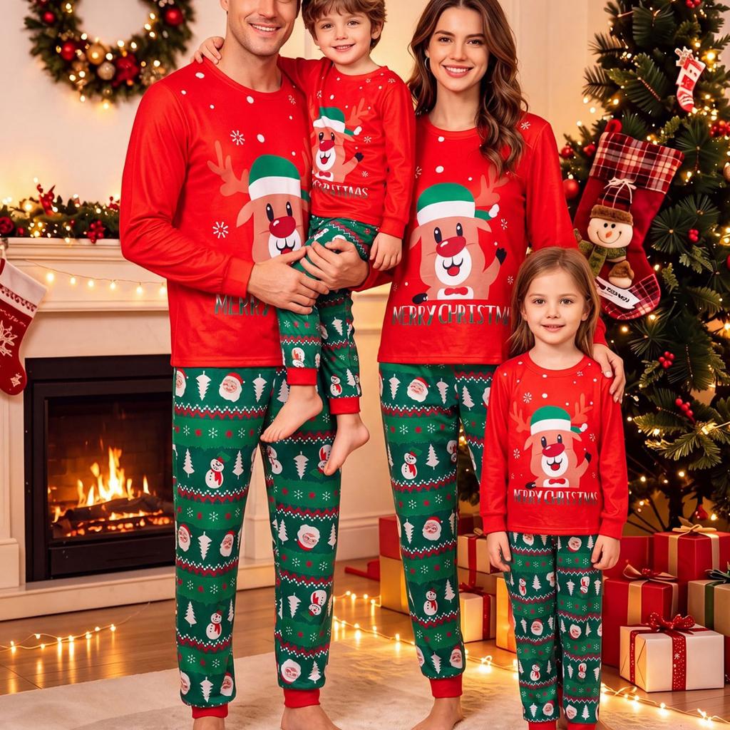 New European and American parent-child clothing, whole family clothing, autumn and winter Christmas, a family of three and four loungewear set pajamas