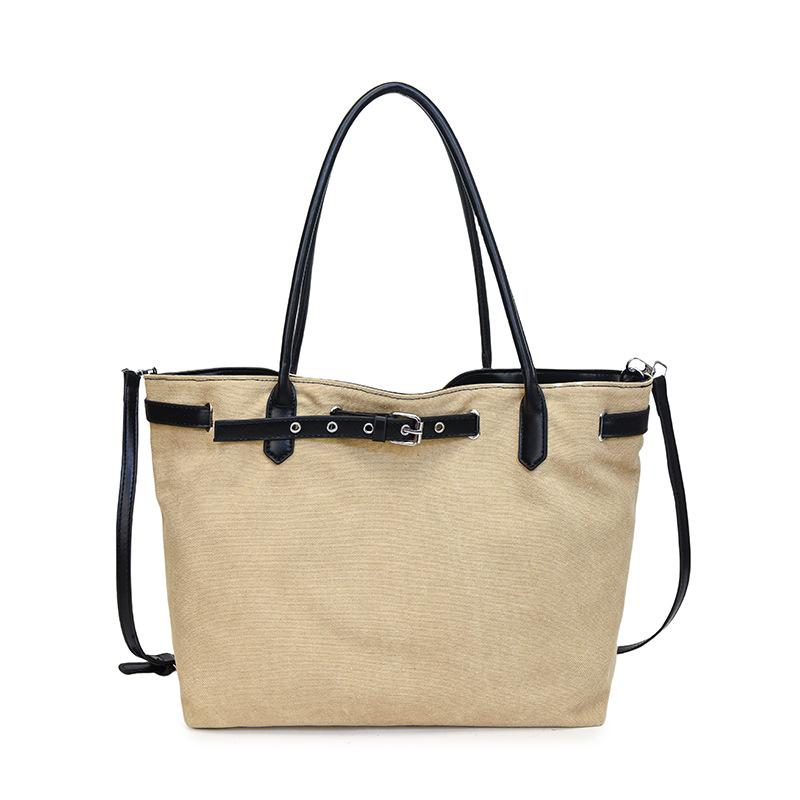 

Простая холщовая сумка-тоут большой вместимости с ремешком-пряжкой, в ленивом повседневном стиле, с контрастной цветной вставкой, портативная на плечо хаки