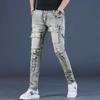 Men's American Retro Washed Slim Fit Workwear Jeans - Skinny, Scraped Edge for Spring & Autumn